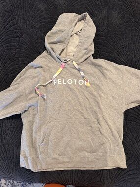 Peloton Light Gray Hoodie with Multicolor Tie-Dye Drawstrings